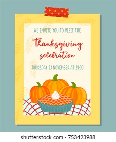 Cute vector Thanksgiving invitation card template. Background with pumpkins and pumpkin pie on a checkered tablecloth. 
