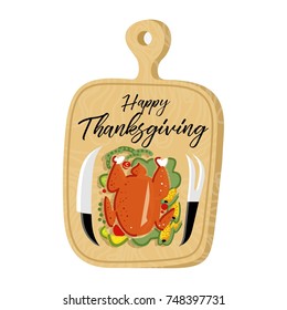 cute vector of thanksgiving with wooden chopping board, turkey, bean, corn, lemon and knife. excellent  poster for thanksgiving greeting party, invitation card icon, postcard, open card and etc