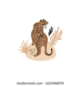 Cute vector tiger composition. Ecology concept. Tigers population. Protect animals. Palm leaves background. Good for summer sale, social media promotional content and more. Vector illustration