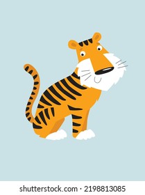 Cute vector tiger. Funny cartoon tiger. The tiger is sitting. African animal. Cartoon character.
