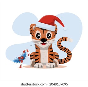 Cute vector tiger Happy Chinese new year greeting card 2022 Animal holidays cartoon character with christmas stuff