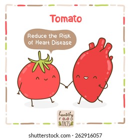 Cute vector tomato and human heart. Healthy food fact.