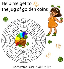 Cute vector toon maze playing page with jug of golden coins and girl character in yellow dress, clover and butterfly contour