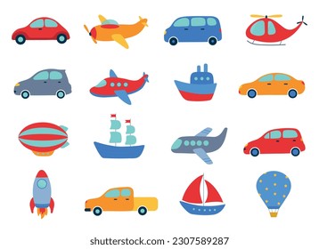 Cute vector toy transport isolated on white background. Ship, cars, plane, helicopter, boat, yacht, rocket, van, bus, airship, pickup. Kids flat colorful set