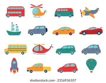 Cute vector toy transport isolated on white background. Ship, cars, plane, helicopter, rocket, bus. Kids flat colorful vehicle set