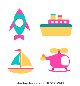 Cute vector toy transport set isolated on white background. Сartoon vehicle collection for kids. Flat steamship, yacht, helicopter, rocket. Design colorful objects, clipart in bright color: pink, yell