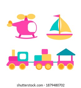 Cute vector toy transport set isolated on white background. Сartoon vehicle toys collection for kids. Flat train, helicopter, yacht. Design colorful objects clipart in bright color: pink, yellow, blue