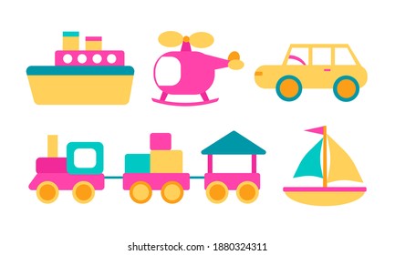 Cute Vektorspielzeugtransporte einzeln auf weißem Hintergrund. С Spielzeugkollektion für Kinder. Wohnwagen, Hubschrauber, Schiff, Zug, Yacht. Entwerfen Sie bunte Objekte, Clipart-Kunst in hellen Farben