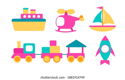 Cute vector toy transport set isolated on white background. Сartoon vehicle toys collection for kids. Flat rocket, helicopter, ship, train, yacht . Design colorful objects, clipart in bright color