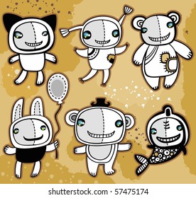 Cute vector toys animals on old background