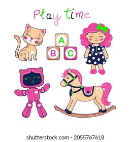 cute vector of toys girl, doll, rocking horse, cube, robot and kitten white background