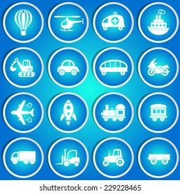 Cute vector transport icons in blue circle stickers