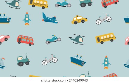 Cute vector transport pattern. Cartoon travel seamless background.