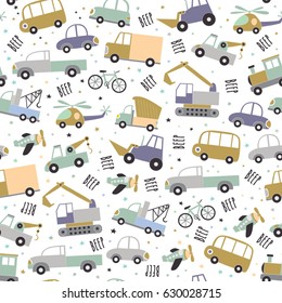 Cute vector transport pattern. Cartoon travel seamless background.