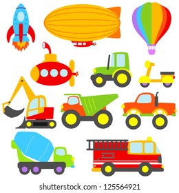 Cute Vector Transportation and Construction Set