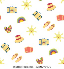 Cute vector travel seamless pattern background with sun, suitcases, flip flops, hearts, rainbows. Fun repeat with colorful vacation icons on white backdrop. For summer, beach holiday, leisure concept