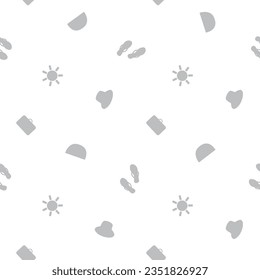Cute vector travel seamless pattern background with sun, suitcases, flip flops, hearts, rainbows.Repeat with grey silhouette vacation icons on white backdrop. For summer, beach holiday, leisure