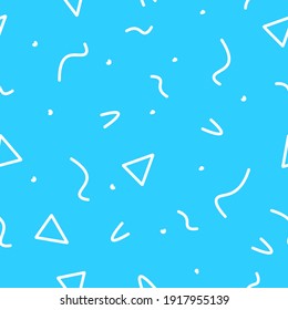 Cute vector trendy geometric seamless pattern with white triangles, particles and dots on sky blue background. Handwritten design for paper, fabric, branding, etc.
