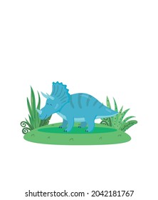 Cute vector triceratops on the grass isolated on a white background. Colorful cartoon illustration funny dinosaur prehistoric animal of the Jurassic period. 