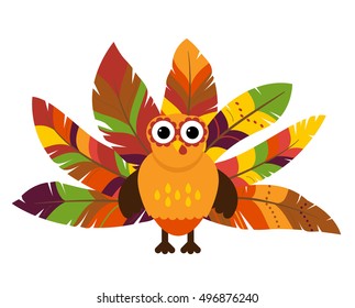 Cute Vector Turkey with Colorful Feathers for Thanksgiving and Fall