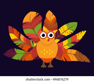 Cute Vector Turkey with Colorful Feathers for Thanksgiving and Fall