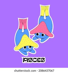 Cute vector two blue mushrooms as a Pisces zodiac sign. Fungi fish sticker illustration with face as an astrology symbol. Bright colors, childish drawing.