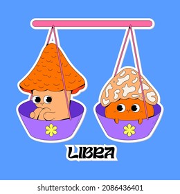 Cute vector two brown and orange mushroom as a Libra zodiac sign. Fungi sticker illustration with face as an astrology symbol. Bright colors, childish drawing.