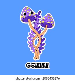 Cute vector two long purple mushrooms as a Gemini zodiac sign. Fungi sticker illustration with face as an astrology symbol. Bright colors, childish drawing.