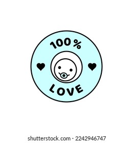 Cute vector typo button in baby blue: Newborn baby boy with dummy and writing: 100 % Love