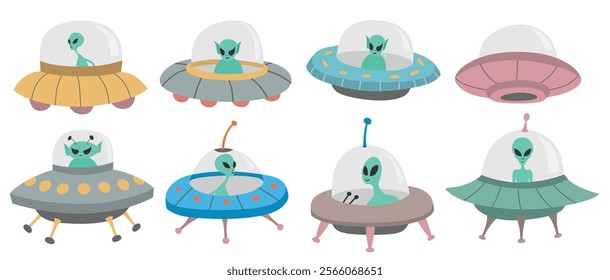 Cute vector UFO flying spaceship  vector character set with cartoon style.