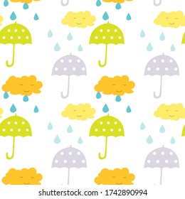 Cute vector umbrella seamless pattern and clouds   rain for kids clothing   paper products