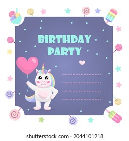 Cute vector unicorn with a balloon. Invitation for kids party. A set of gifts, garlands and sweets for the holiday. Illustrations for girls.Magic illustration with unicorn and different elements of