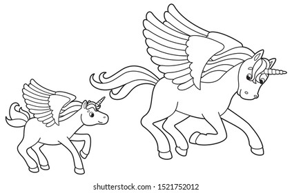 Cute vector unicorn. Vector cartoon pony. Cute vector horse. Magic pegasus.Illustration for children. Coloring book
