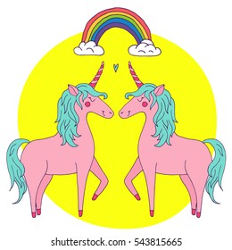 Cute vector unicorn couple in love - hand drawn kawaii style illustration with imaginary horse from children fairytale. Ink sketch with hearts, stars and rainbow