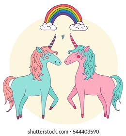 Cute vector unicorn couple in love - hand drawn kawaii style illustration with imaginary horse from children fairytale. Ink sketch with hearts, stars and rainbow