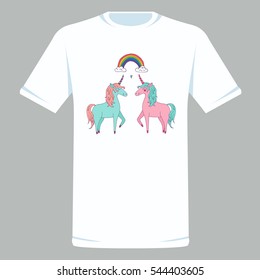 Cute vector unicorn couple in love printed in t-shirt - hand drawn kawaii style illustration with imaginary horse from children fairytale. Ink sketch with hearts, stars and rainbow