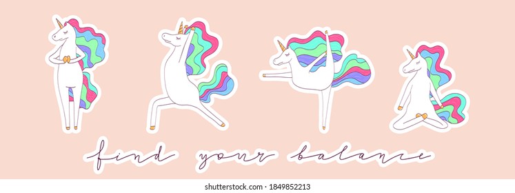 Cute vector unicorn doing yoga sticker set. Rainbow horse stretches in lotus pose.