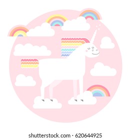 Cute vector unicorn in flat style. Unicorn horse with rainbow mane and tail for your design, fabric, textile, wallpaper, greeting and motivate postcards and posters and other.