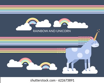 Cute vector unicorn in flat style. Unicorn horse with rainbow mane and tail for your design, fabric, textile, wallpaper, greeting and motivate postcards and posters and other.