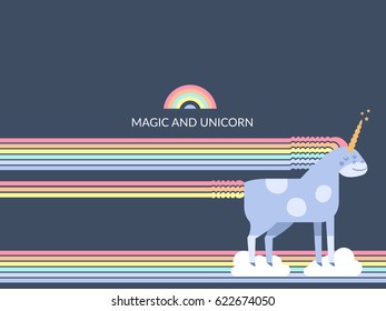 Cute vector unicorn in flat style. Unicorn horse with rainbow mane and tail for your design, fabric, textile, wallpaper, greeting and motivate postcards and posters and other.