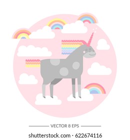Cute vector unicorn in flat style. Unicorn horse with rainbow mane and tail for your design, fabric, textile, wallpaper, greeting and motivate postcards and posters and other.