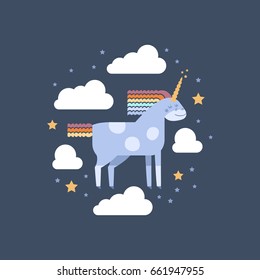 Cute vector unicorn in flat style. Unicorn with rainbow mane and tail with clouds and stars for your design, fabric, textile, wallpaper, greeting and motivate postcards.