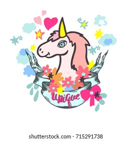 Cute vector unicorn and flowers. 