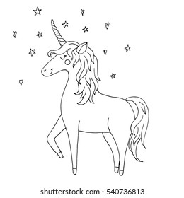 Cute vector unicorn - hand drawn kawaii style illustration with imaginary horse from children fairytale. Ink sketch with outlines