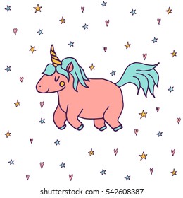 Cute vector unicorn - hand drawn kawaii style illustration with imaginary horse from children fairytale. Ink sketch with hearts and stars