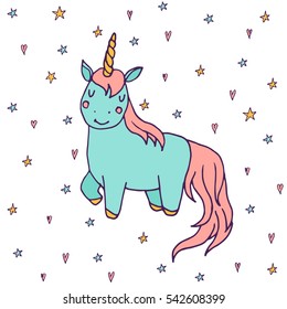 Cute vector unicorn - hand drawn kawaii style illustration with imaginary horse from children fairytale. Ink sketch with hearts and stars