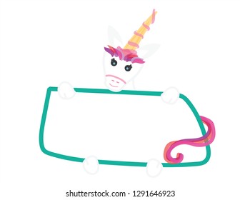 Cute vector unicorn holding White sign with Green frame