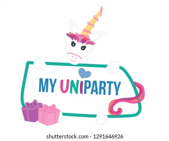 Cute vector unicorn holding White sign with Green frame and the text My Uniparty, Blue heart and Pink and Purple gift boxes