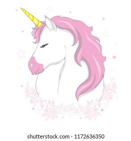 Cute vector unicorn. Magic character with pink mane surrounded by star dust for sticker, card and funny children's design.