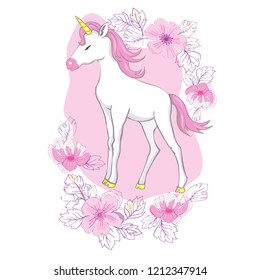 Cute vector unicorn. Magic character with pink mane.